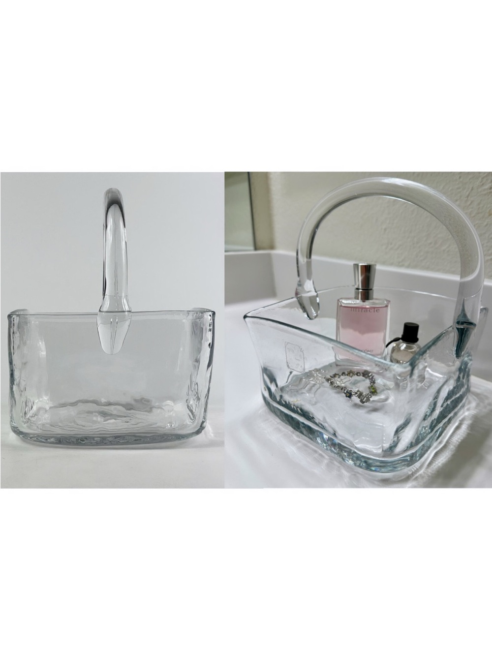 BLENKO Handmade Vintage Clear Glass Square Basket Bowl 5.75" MCM w/Handle USA